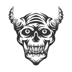 skull head with many horn. black and white drawing. vector illustration