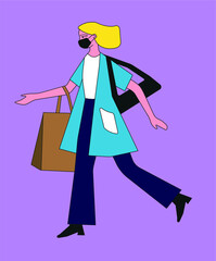 shopping woman vector illustration in mask. Woman in mask involved in seasonal sales in stores, shops, malls. Cartoon pesonalized flat vector illustration. Coronavirus