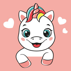 Happy unicorn icon on pink background. Cartoon vector illustration