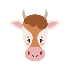 Cute farm cow face with ears and horns icon isolated on white background. Milk dairy farm product design element. Vector animal character illustration in cartoon flat style.