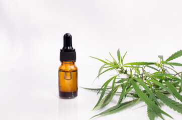 Fototapeta premium Bottle with cannabis oil against hemp leaves on a white background.
