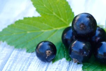 Several black currant berries close-up. Side view of berries on a wooden table. Currant berry texture. Horizontal, nobody, free space, close-up.