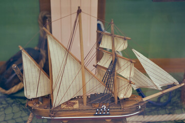 Layout of an old wooden sailboat, close-up