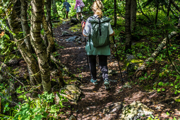 Obraz premium Rear view of woman engaged in nordic walking on rocky path.
