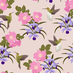 Seamless vector illustration with orchid, wild rose and hummingbird flowers.