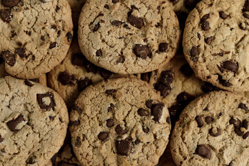 Top Close up view of home made chocolate cookies aligned
