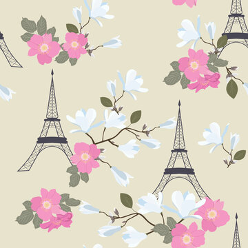 Seamless vector illustration with Eiffel tower and spring flowers.