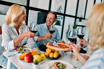 Senior friends having dinner at home