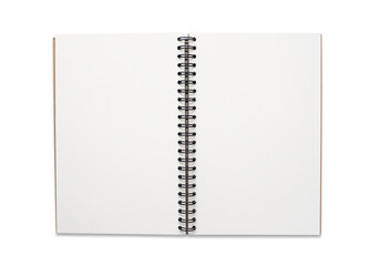 Top view above of open spiral blank page notebook isolated on white background for design a mockup. 