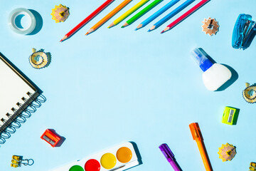 Frame made of stationery. Back to school. With copy space.