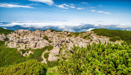 Fototapeta na wymiar Rock formations called Radove skaly and Hill Sivy Vrch in Western Tatras, Slovakia