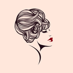 Woman with wavy hair and bold makeup.Beauty salon, hairstyle studio, cosmetics and spa logo.Young lady portrait illustration.Profile view face.Red color lipstick.