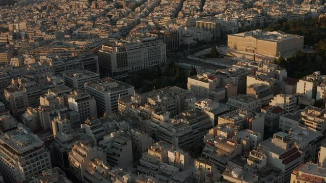 Aerial View of The Hellenic Parliament in Athens, Greece in beautiful Golden Hour light 