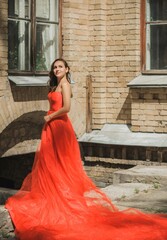 Fototapeta premium Evening dresses concept, elegant fancy style. Woman in evening red dress. Clothes for ladies, inspiration 