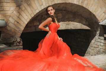 Evening dresses concept, elegant fancy style. Woman in evening red dress. Clothes for ladies, inspiration  © T.Den_Team