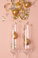 champagne glasses and sparkles christmas concept.