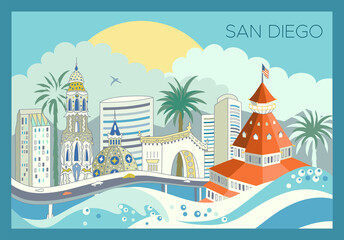 San Diego city skyline with landmarks and scrapers. Detailed urban panoramic illustration. Editable stroke 
