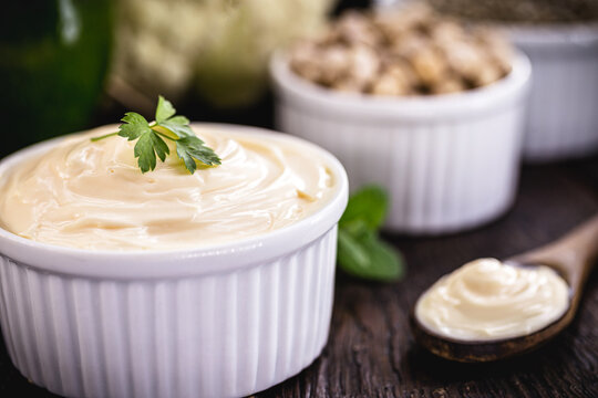 vegan mayonnaise, made with chickpea water, called aquafaba, organic and healthy food