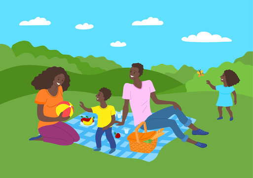 Cartoon Color Characters People African American Family Picnic Concept. Vector
