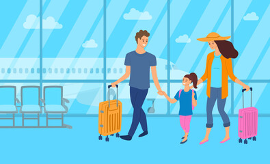 Cartoon Color Characters People Family in Airport Terminal Interior Inside Concept. Vector