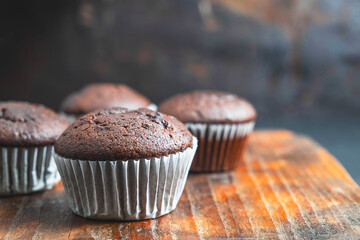 bakery chocolate cupcakes on wooden background