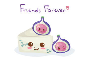 Kawaii Classic Blue Mold Cheese (Brie, Camembert) & fresh Figs with Good Morning lettering. Cute funny & happy French breakfast characters. Adorable carton food vector illustration for cards, print.