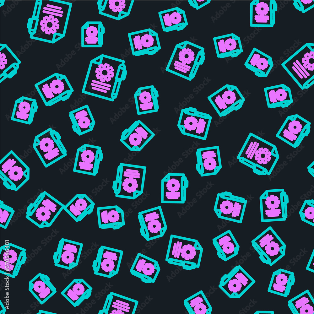 Poster line document settings with gears icon isolated seamless pattern on black background. software updat