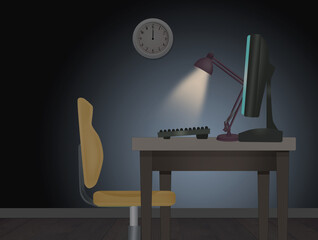 illustration of office desk in the evening