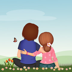 illustration of embraced couple sitting on the grass