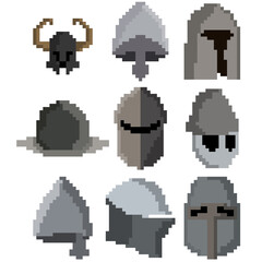 A set of nine pixel medieval helmets for games, websites, design, and more.
