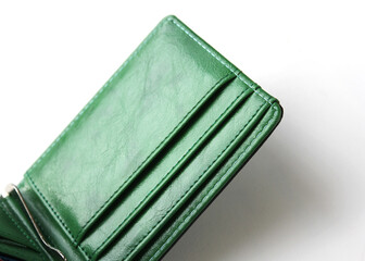 Blank Green wallet isolated on white background . Open wallet . 