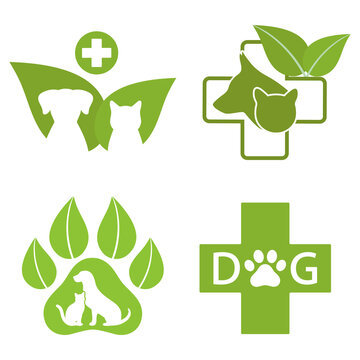 set Clinic pets logo dog and cat on green leaf background and medical cross