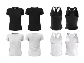 Tank-top and t-shirt in white and black of front and back views. Set of women's sportswear. 3d render of realistic clothing template, mockup sports uniform isolated on a white background.
