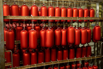 Sausages in the factory storage.