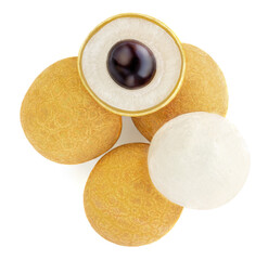 Longan fruit. Fresh Longan (Dragon eye) isolated on white background. Top view. Flat lay.