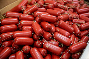 Sausage. Production line of sausages. Industrial production of sausages.