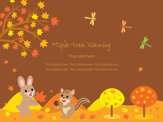 ウサギとリスと秋の紅葉狩りの風景のポストカード