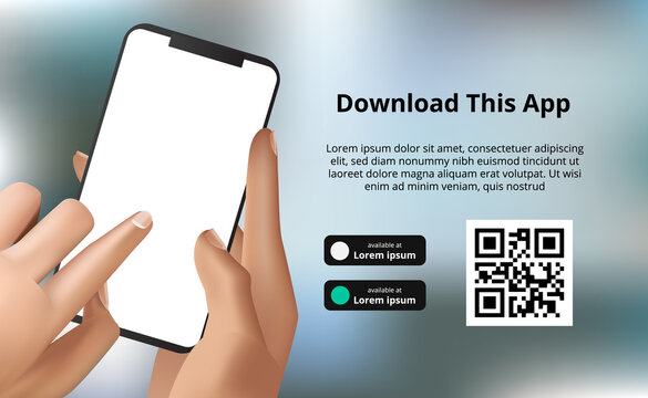 landing page banner advertising for downloading app for mobile phone, hand holding smartphone with bokeh background. Download buttons with scan qr code template