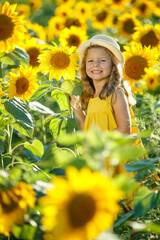 Child in a sunflower field. High quality photo.