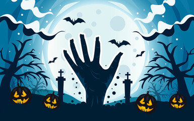 Vector illustration of a scary zombie hand background with dark graveyard and evil pumpkins