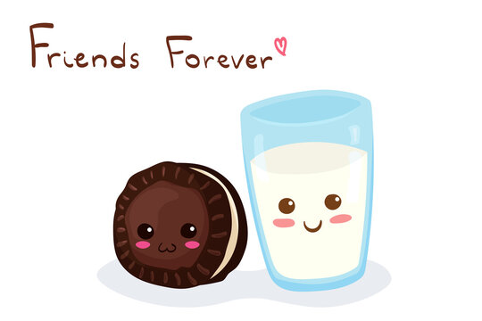 Kawaii Black Cookie & Glass of Milk with Friends Forever lettering. Cute funny & happy breakfast characters. Adorable cartoon food vector illustration for cards, fabric print, stickers, posters.
