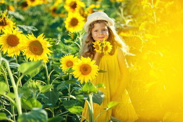 Naklejka premium Child in a sunflower field. High quality photo.