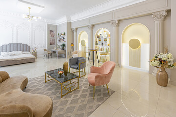 chic luxury interior in an old antique style open-plan apartment decorated with columns and stucco...