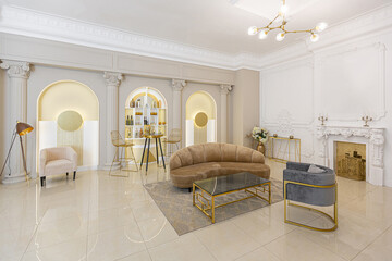 chic luxury interior in an old antique style open-plan apartment decorated with columns and stucco on the wall in pastel colors. tiles on the floor. beige walls