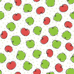 Green and red apple fruit seamless pattern on white background. Vector illustration for wallpaper, textiles, fabric, paper.