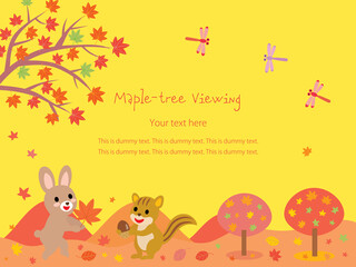 ウサギとリスと秋の紅葉狩りの風景のポストカード