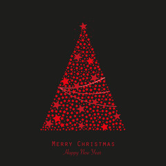 Made of shining red stars Christmas tree vector illustration. Happy new year greeting card black background