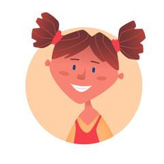 Cute girl with two ponytails smiling. Vector illustration.
