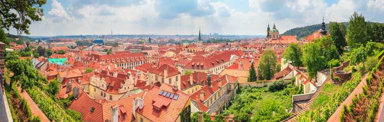 Fototapeta na wymiar City summer landscape, panorama, banner - top view of the Mala Strana (Little Side) of the historical district of Prague, Czech Republic