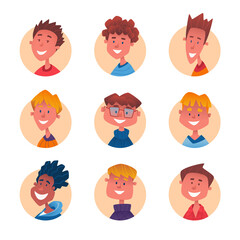 Smiling boys. Avatars with different happy children. Vector illustration.